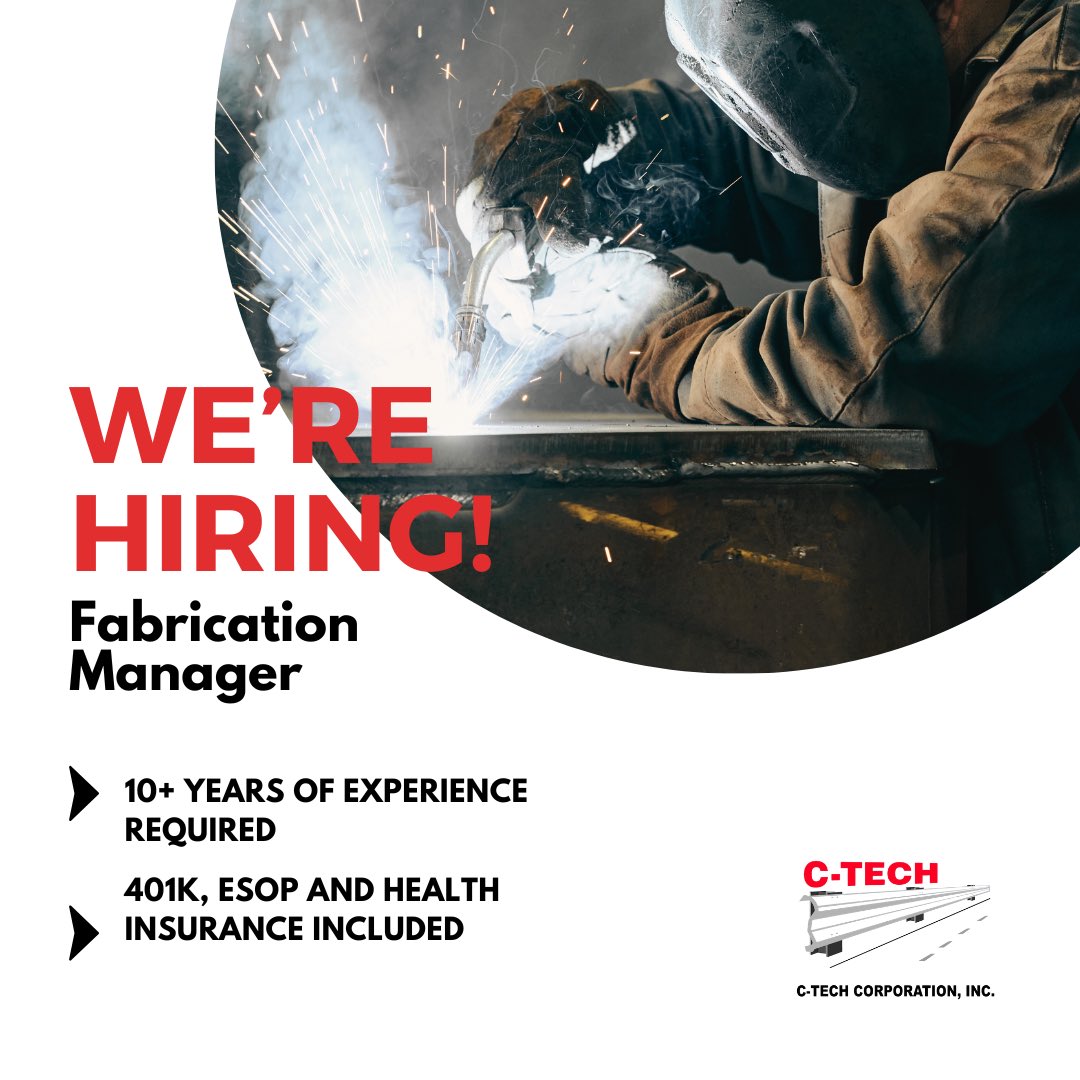 We're hiring! C-Tech is looking for a results-driven Fabrication Manager to join our team. Apply here: beatyctech.bamboohr.com/careers/37
#CTech #NowHiring #Fabrication #ConstructionCareers #JoinOurTeam 🔧