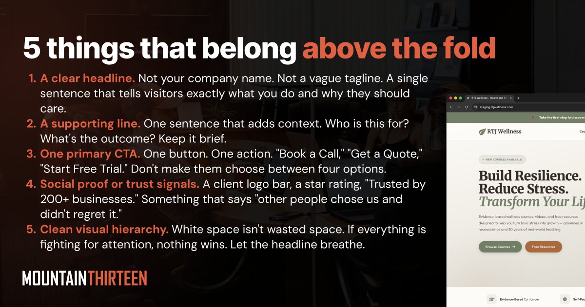 builtbylyndon's tweet photo. Your homepage has 3 seconds.

Above the fold needs exactly three things:

1. A clear headline (not a clever tagline)
2. One obvious CTA
3. A trust signal

Everything else is noise. https://t.co/EuKvgXLefD