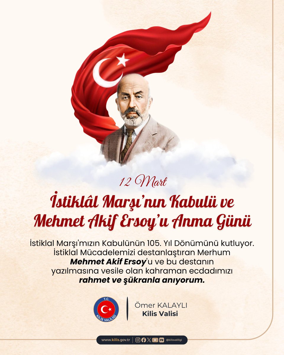 "Korkma, sönmez bu şafaklarda yüzen al sancak;
Sönmeden yurdumun üstünde tüten en son ocak." 🇹🇷
​Milli Mücadele ruhumuzun mısralara döküldüğü İstiklâl Marşı'mızın kabulünün 105. yıl dönümünü gururla kutluyoruz.