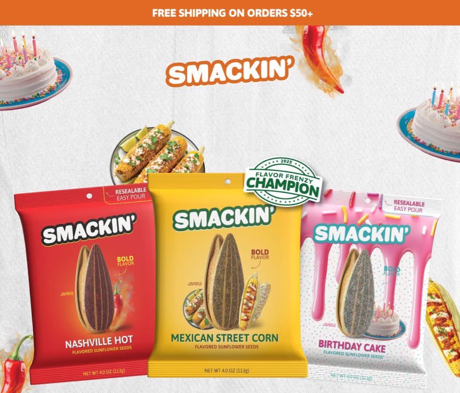 🚨 NEW FLAVORS ALERT 🚨

Smackin Sunflower Seeds just dropped THREE new flavors:
🌶️ Nashville Hot
🌽 Mexican Street Corn
🎂 Birthday Cake

Use code YEARS to save on your order!
Grab them now before they sell out!