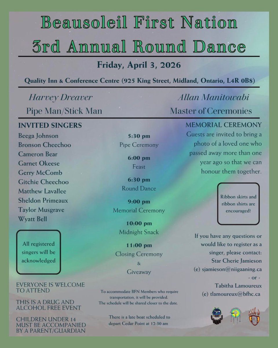 CHIGAMIK's tweet photo. Beausoleil First Nation will be hosting their 3rd Annual Round Dance in Midland.
📅 Friday, April 3, 2026
📍 Quality Inn & Conference Centre, Midland
⏰ Pipe Ceremony begins at 5:30 PM
Everyone is welcome to attend.
#MidlandOntario #BeausoleilFirstNation #CommunityGathering https://t.co/E8mOYlNF4H