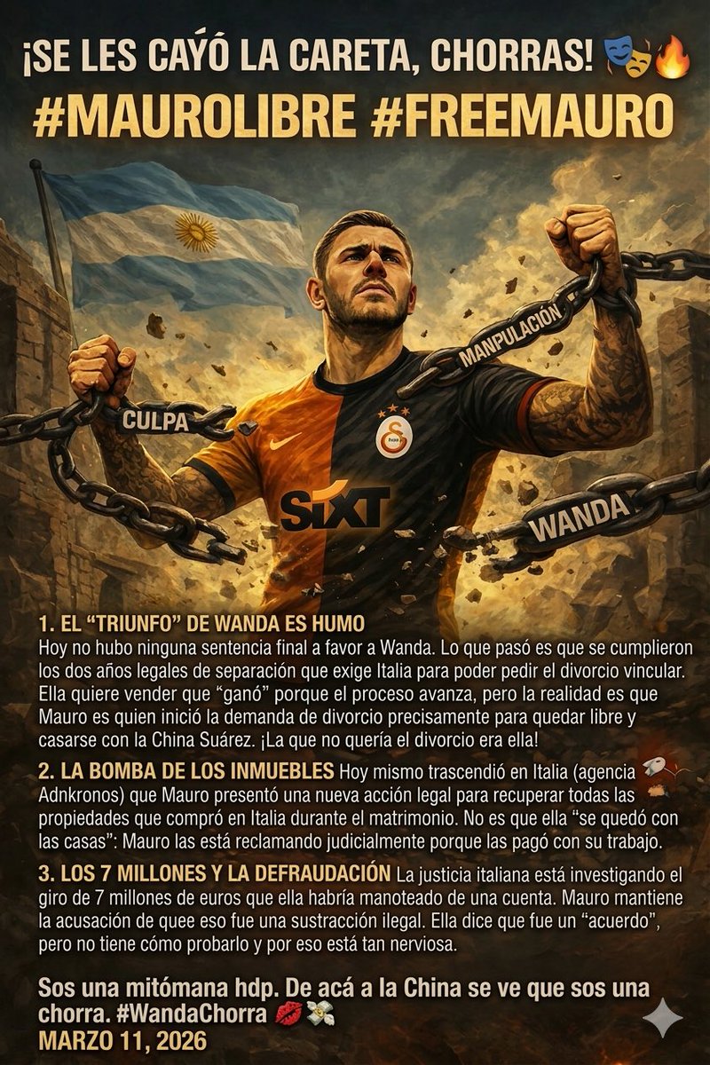 Mientras la secta de viudas festeja una "victoria" que solo existe en su imaginación, la realidad judicial las está enterrando. Mauro finalmente denunciando los abusos para recuperar lo que es suyo. La libertad tiene nombre y apellido: Mauro Icardi. 🕊️💸 #MauroLibre #FreeMauro