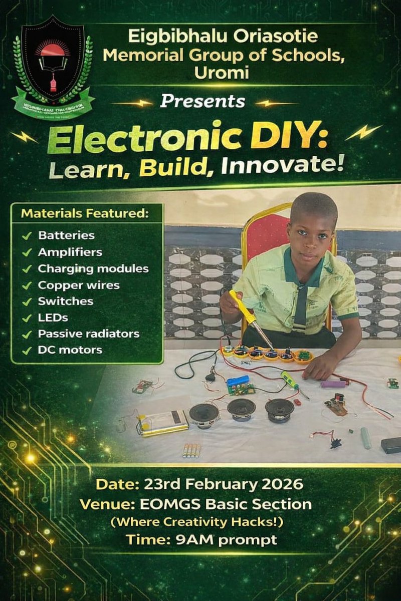 ocplinks7's tweet photo. Just wrapped up an epic Electronic DIY Project with my  talented Pupils.  We explored electronic components, building Bluetooth speakers, LED lights, Spider Bots, mini fans  and extensions. The beauty of practical learning, #ElectronicDIY #KidsTech #EDO https://t.co/qGCBDXI8Ke