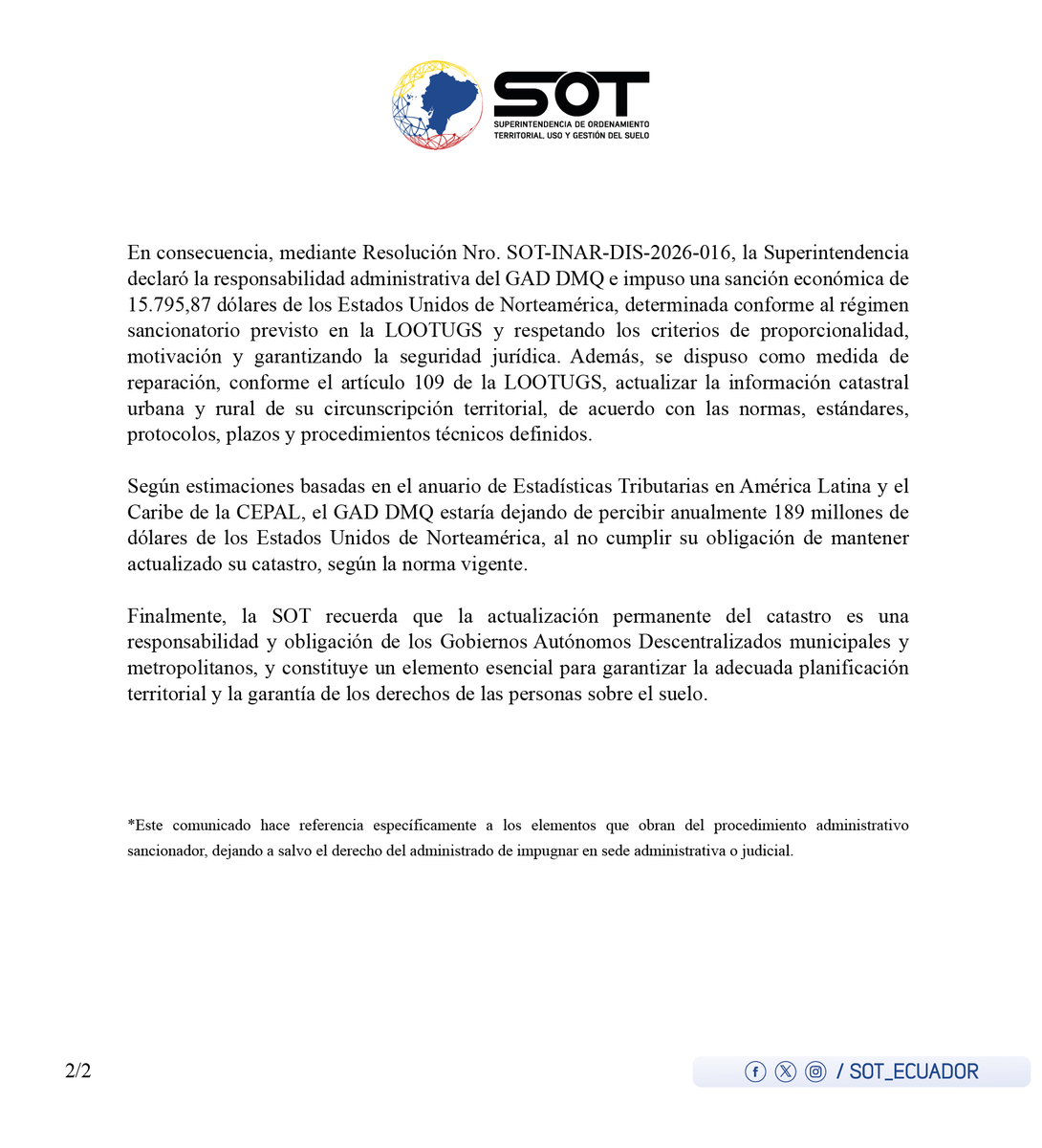 #SOTInforma| #SOTEcuador sancionó al GAD DMQ por incumplir las obligaciones relacionadas con la actualización y remisión de la información catastral, conforme a lo establecido en la LOOTUGS y en la normativa técnica aplicable en esta materia.