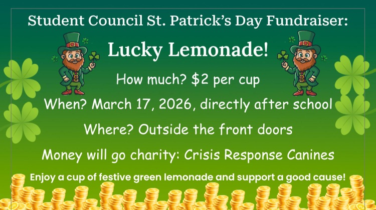 Halsted_NPS's tweet photo. Student Council hosts their Lucky Lemonade fundraiser on March 17th! https://t.co/LkbF7kXXJf