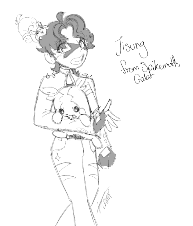 thelickinglamp's tweet photo. rough sketch but im working on a pokemon skz au, here is jisung's design (temp). when he's not running a cafe, he's writing songs for piers, the spikemuth gym leader. https://t.co/yYFi7WVlx5