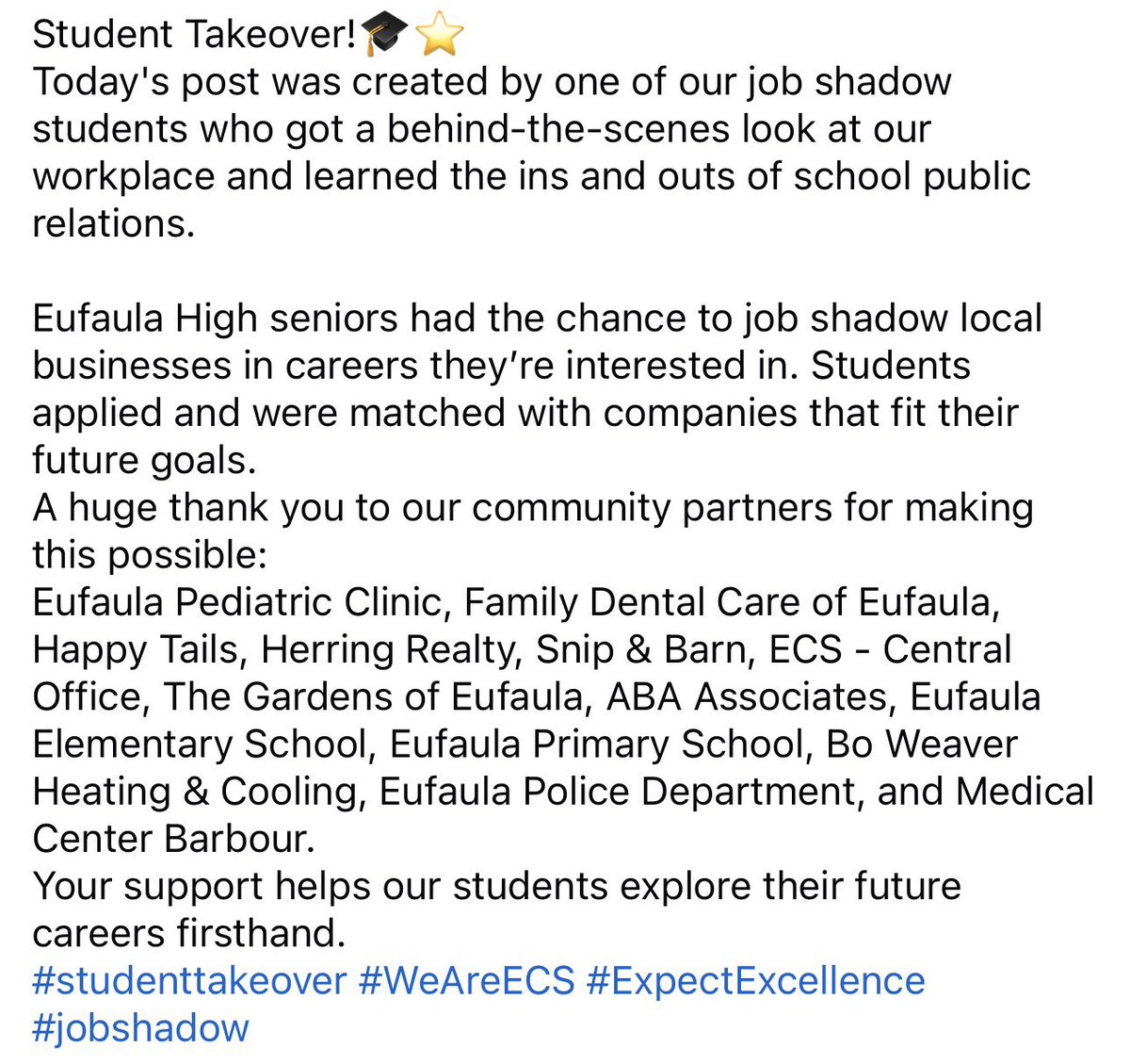 EufaulaCS's tweet photo. Student Takeover!🎓⭐
Today's post was created by one of our job shadow students who got a behind-the-scenes look at our workplace and learned the ins and outs of school public relations.

#ExpectExcellence #jobshadow https://t.co/sOA3mjQNjU