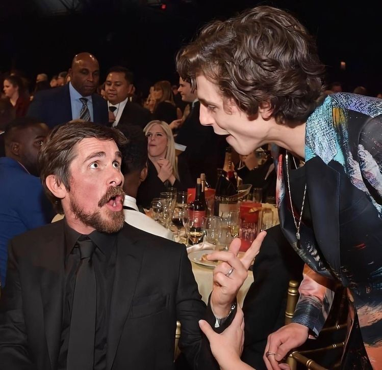 cinevow's tweet photo. Christian Bale and Timothée Chalamet, 2019 https://t.co/tXZ3WNunOs