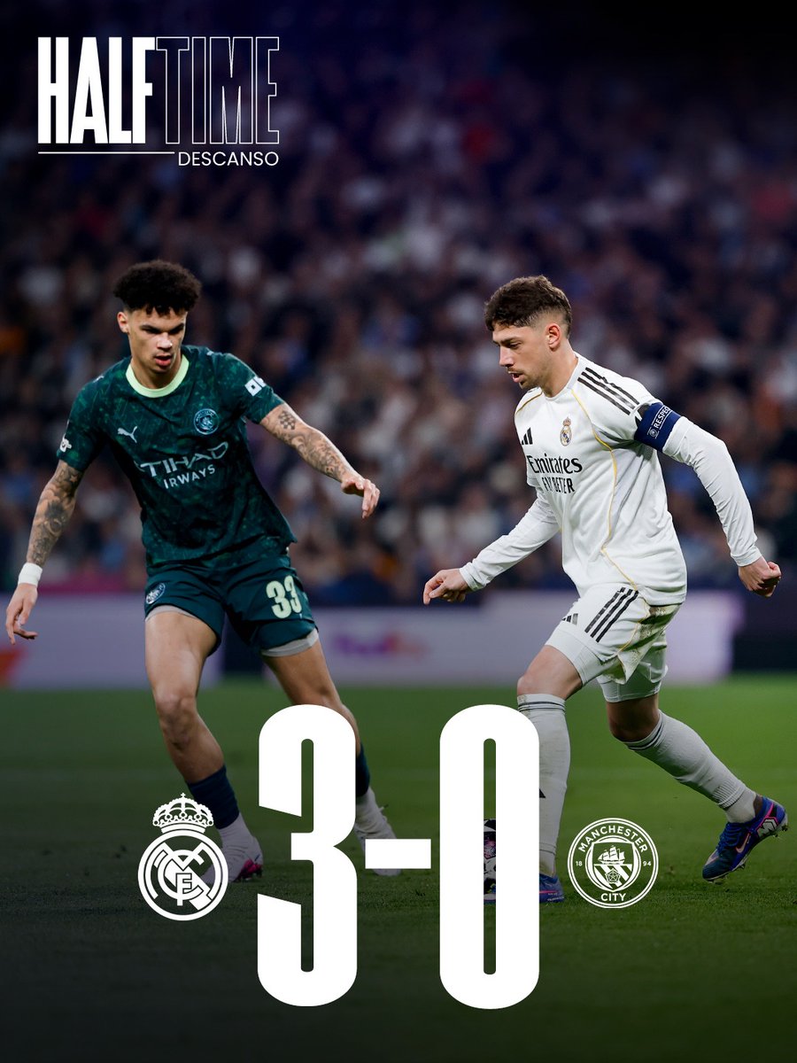 ⏸️ HT: @RealMadridEN 3-0 <a href="/ManCity/">Manchester City</a>
⚽ 20' <a href="/fedeevalverde/">Fede Valverde</a> 
⚽️ 27' <a href="/fedeevalverde/">Fede Valverde</a>
⚽️ 42' <a href="/fedeevalverde/">Fede Valverde</a>
#UCL