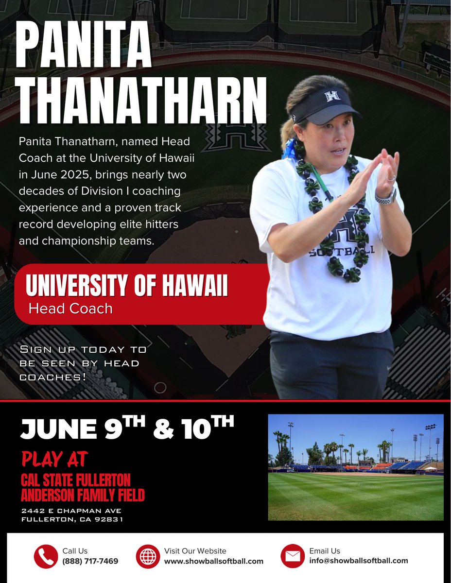 showballsb's tweet photo. We’re excited to welcome Panita Thanatharn, Head Coach at Hawaii, to the Showball lineup! 🥎

🔗 Register today: https://t.co/xhtHohqBm2
📞 (888) 717-7469
📧 info@showballsoftball.com

#ShowballSoftball #SoftballRecruiting #CollegeSoftball #SoftballShowcase #hawaiisoftball https://t.co/0apXDUcvJY