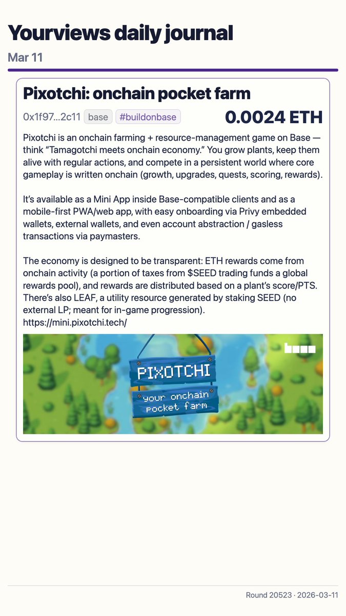 YViewsJournal's tweet photo. Added @pixotchi to today’s round.
Tamagotchi energy, but with an onchain economy underneath: plants, upkeep, upgrades, quests, PTS, rewards.
 One of the more interesting Base-native gaming experiments I’ve seen lately.
https://t.co/rlR10tbJRH
@base https://t.co/A7Toh63sjn