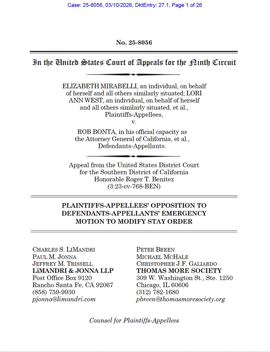 ThomasMoreSoc's tweet photo. JUST IN: Four days after losing at the Supreme Court in Mirabelli v. Bonta, California ran to the Ninth Circuit asking them to water down our victory for parental rights.

We just filed our opposition brief to put the kibosh on that. 

Read it below👇 https://t.co/pjEghW8KZ7