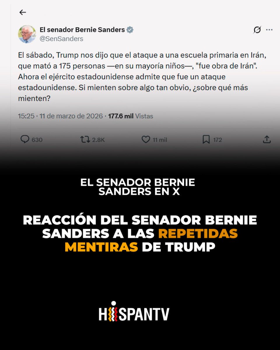 El senador estadounidense:
El sábado, Trump nos dijo que el ataque a una escuela primaria en Irán, que mató a 175 personas —en su mayoría niños—, "fue obra de Irán".