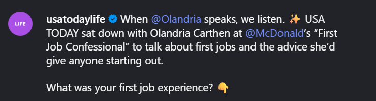 OlandriaNetwork's tweet photo. USA TODAY sat down with Olandria for McDonald's #FirstJobConfessional to talk about first jobs and the advice she’d give anyone starting out.
https://t.co/YYCYiE66Ac https://t.co/wZ4SR33kM7