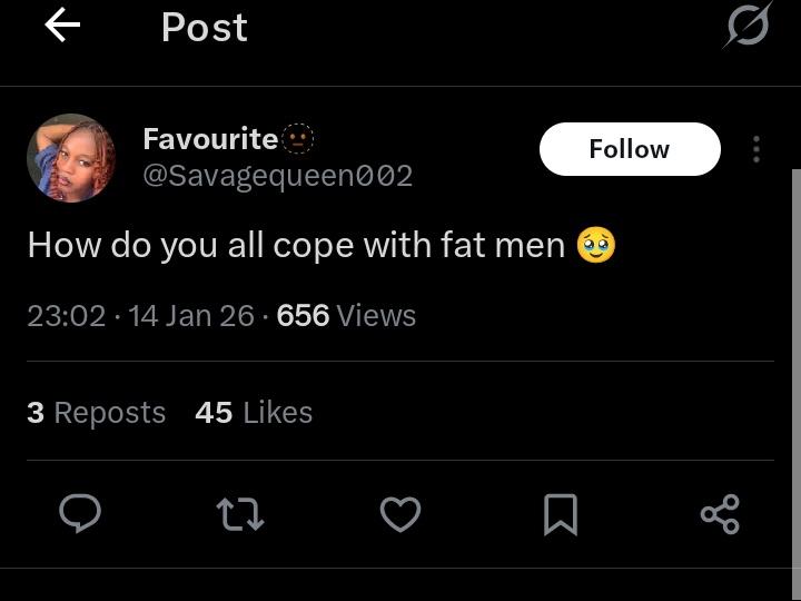 omoyebraids's tweet photo. But you sef cannot cope with fat men? 
So how should we cope with fat women too?? https://t.co/4sbtK3v4Wt