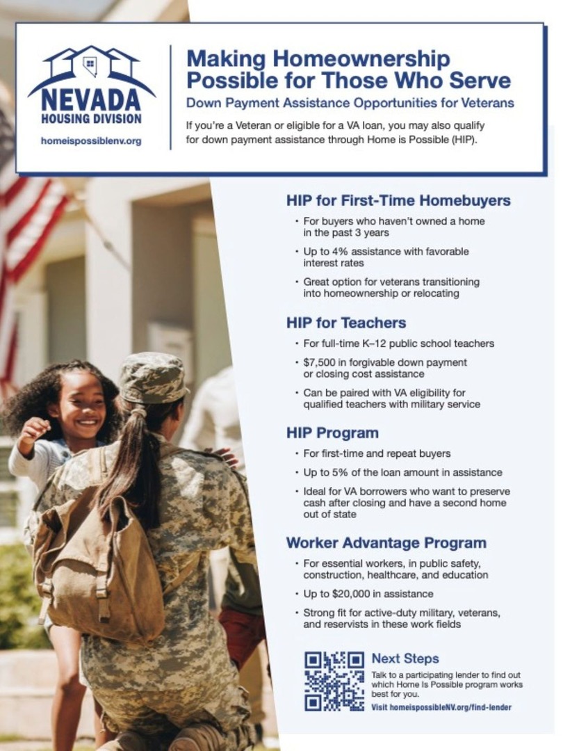 For many veterans and service members, homeownership is an important step. 🏠  Through the Home Is Possible (HIP) programs, eligible veterans and VA borrowers may qualify for down payment assistance.

Get started with a participating lender here:
[LINK] homeispossiblenv.org/find-lender-ag…