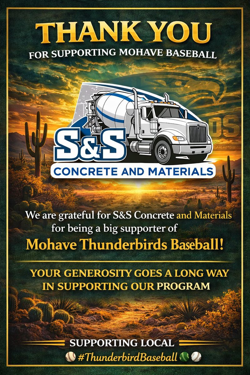 MohaveBaseball's tweet photo. 💚💛 Thank You S&amp;S Concrete &amp; Materials! 💛💚

Mohave Thunderbirds Baseball would like to give a huge thank you to S&amp;S Concrete &amp; Materials for supporting our program. https://t.co/4Y3pXeVAwJ