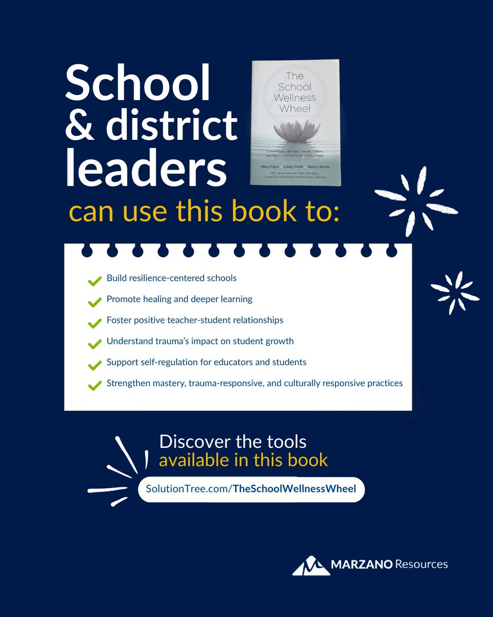 MarzanoResource's tweet image. Schools thrive when they’re built for healing + belonging + mastery.
Wellness isn’t separate from learning—it fuels it.

SolutionTree.com/TheSchoolWelln…
#SchoolWellness #TraumaInformed #SchoolLeadership #SEL #Education