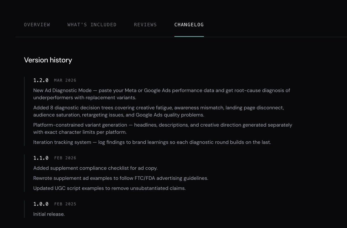 Shipped another update to the Ad Creative skill. 8 diagnostic decision trees, platform-constrained variants, iteration tracking. 

Same skill, better every month.