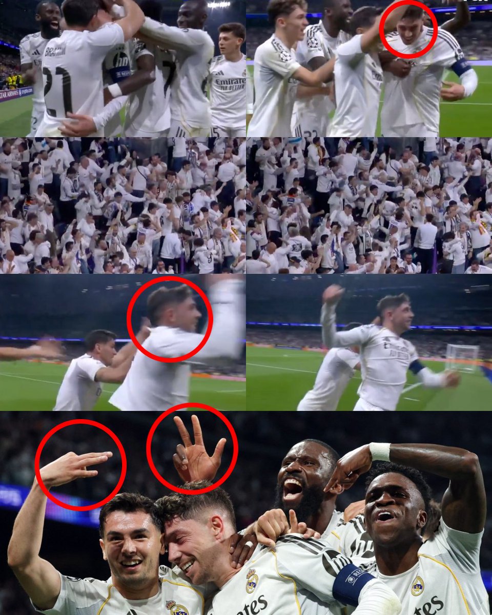 InvictosSomos's tweet photo. Ufff, vean esta secuencia. Todos los jugadores del Real Madrid llevando a Fede Valverde frente a la afición para que lo ovacionaran tras su ESPECTACULAR HAT-TRICK ante el Manchester City. Brahim Díaz y Antonio Antonio Rüdiger señalando los ¡¡3 GOLES!! del uruguayo mientras el Santiago Bernabéu se le entrega por completo a su capitán. Qué momentazo. LA NOCHE DEL HALCÓN.