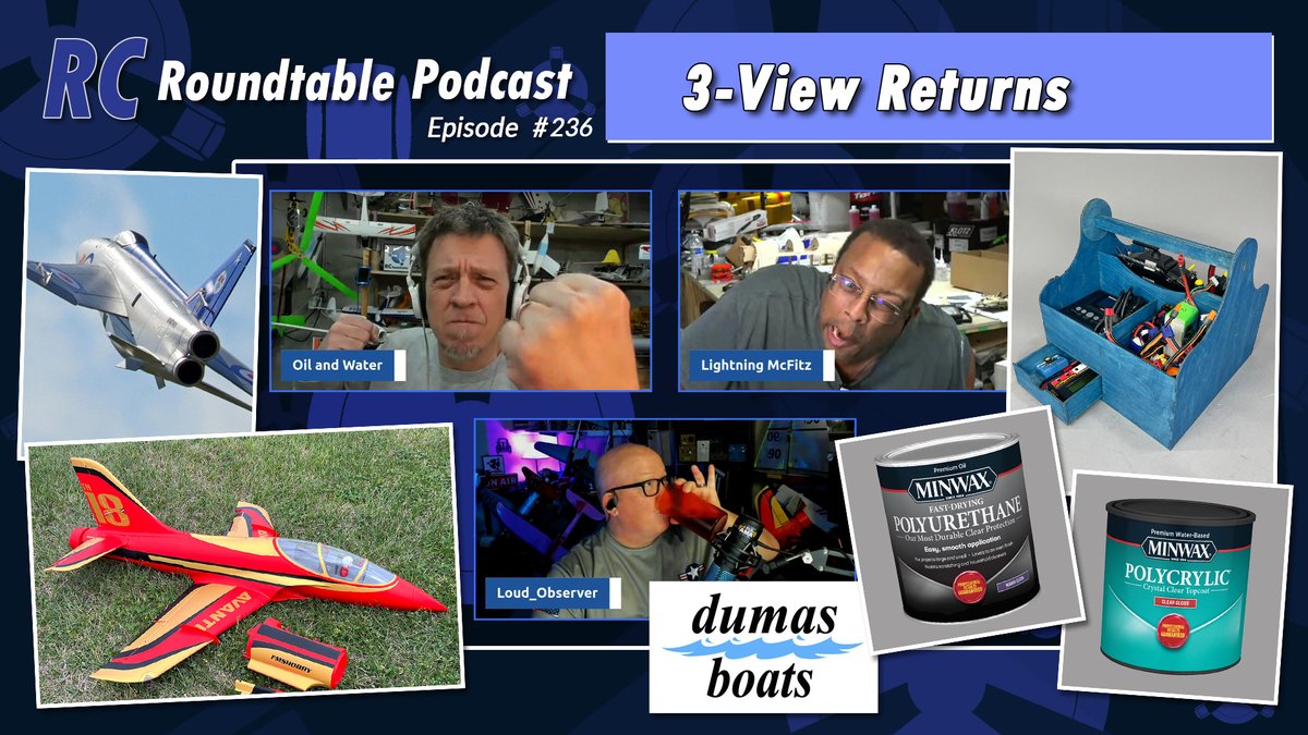 RCRoundtable's tweet photo. Episode 236: "3-View Returns" is now live!
https://t.co/A0jM9SDmrw

In this episode, the gang talks about new projects, oil versus water, and we have brought back the 3-View segment!
 -Dumas Products
 -Scobee Swap
 -3-View
 -Oil and Water
 -Skymasters

#rcplane #rcpilot #podcast https://t.co/kpGDSRKrPp