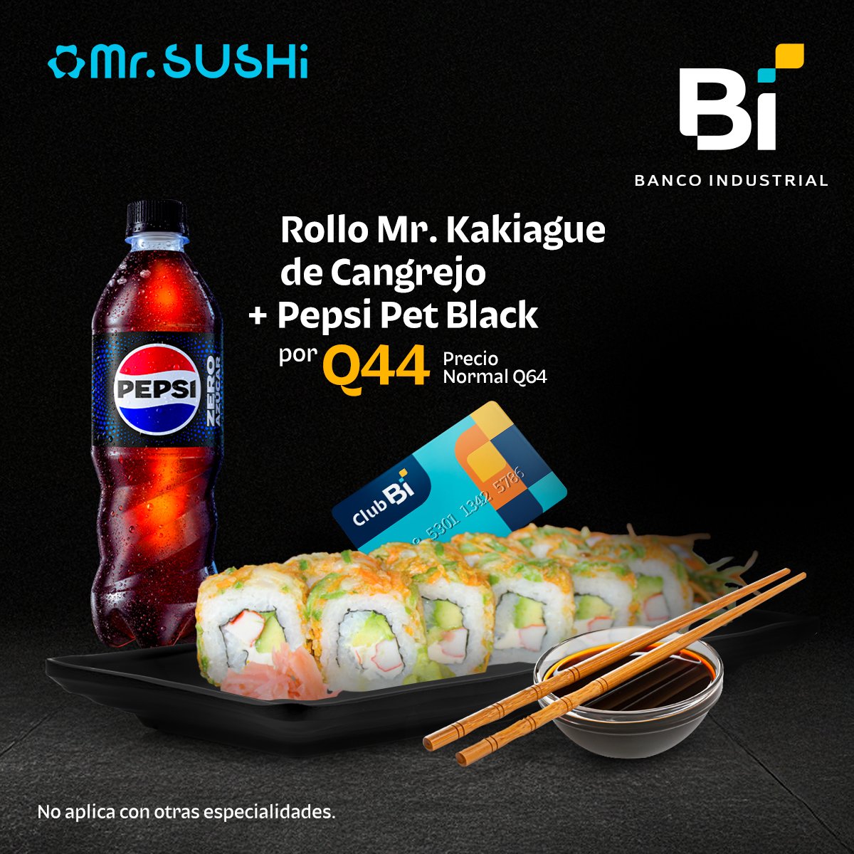 Club_Bi's tweet image. ¿Antojo de sushi? #ClubBi tiene la solución 🍣😋

Disfruta en @MisterSushiGT un Mr. Kakiague de cangrejo + Pepsi Black Pet por Q44.

#SushiLovers #Antojo #Descuento