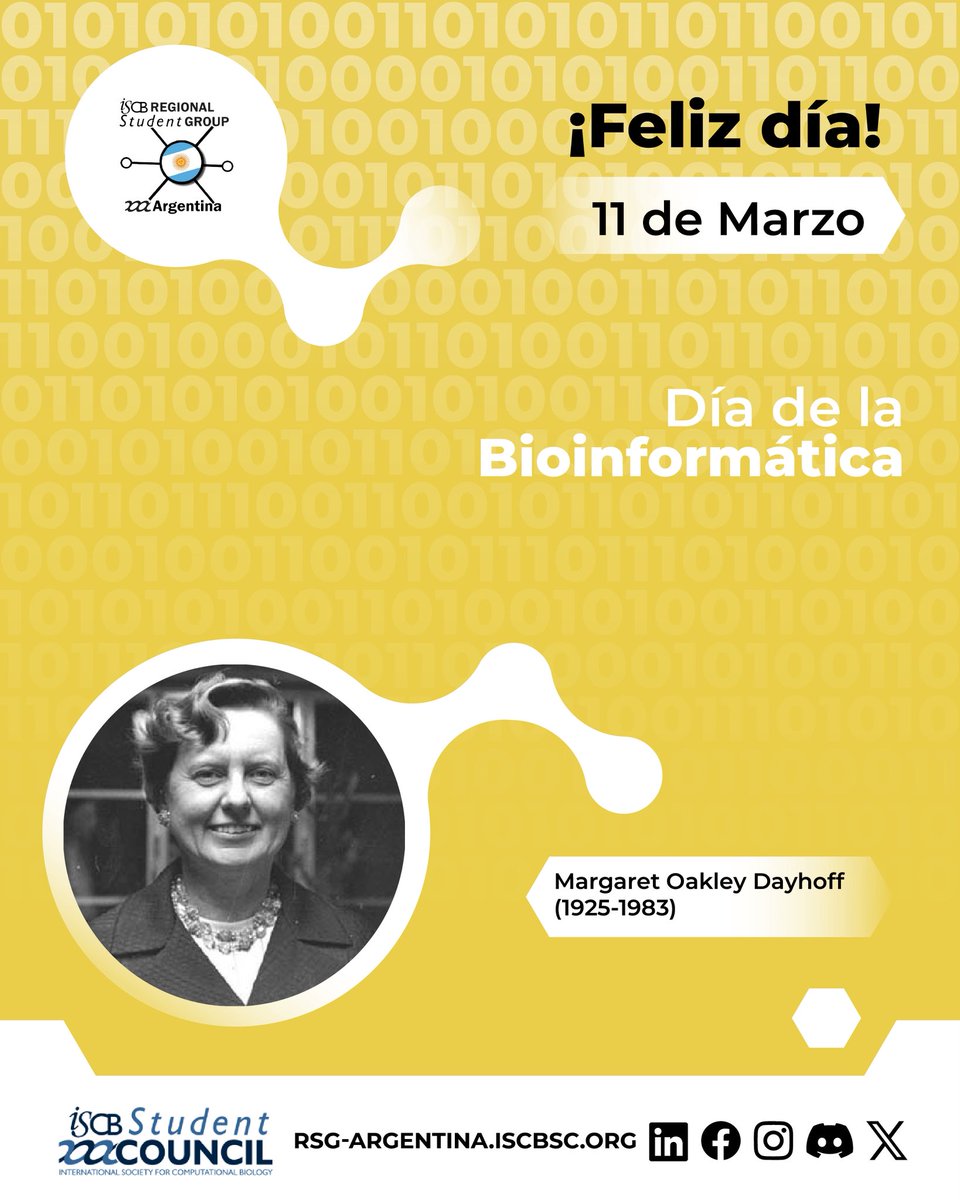 Hoy, 11 de marzo, celebramos el Día de la Bioinformática, en homenaje al nacimiento de Margaret Oakley Dayhoff (1925–1983), pionera en integrar la biología con la computación. 📍Hilo 

#DíaDeLaBioinformática #MargaretDayhoff #Bioinformática #MujeresEnLaCiencia #DataScience