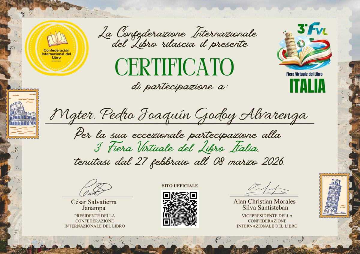 cedei_py's tweet photo. El Centro de Estudios Integrales – CEDEI participó en la Fiera Virtuale del Libro – Italia 2025, representado por el Mgtr. Pedro Joaquín Godoy Alvarenga.

🎓 Certificado de participación otorgado.

#CEDEI #EducaciónSuperior #ParticipaciónInternacional https://t.co/B8oHou7Px6
