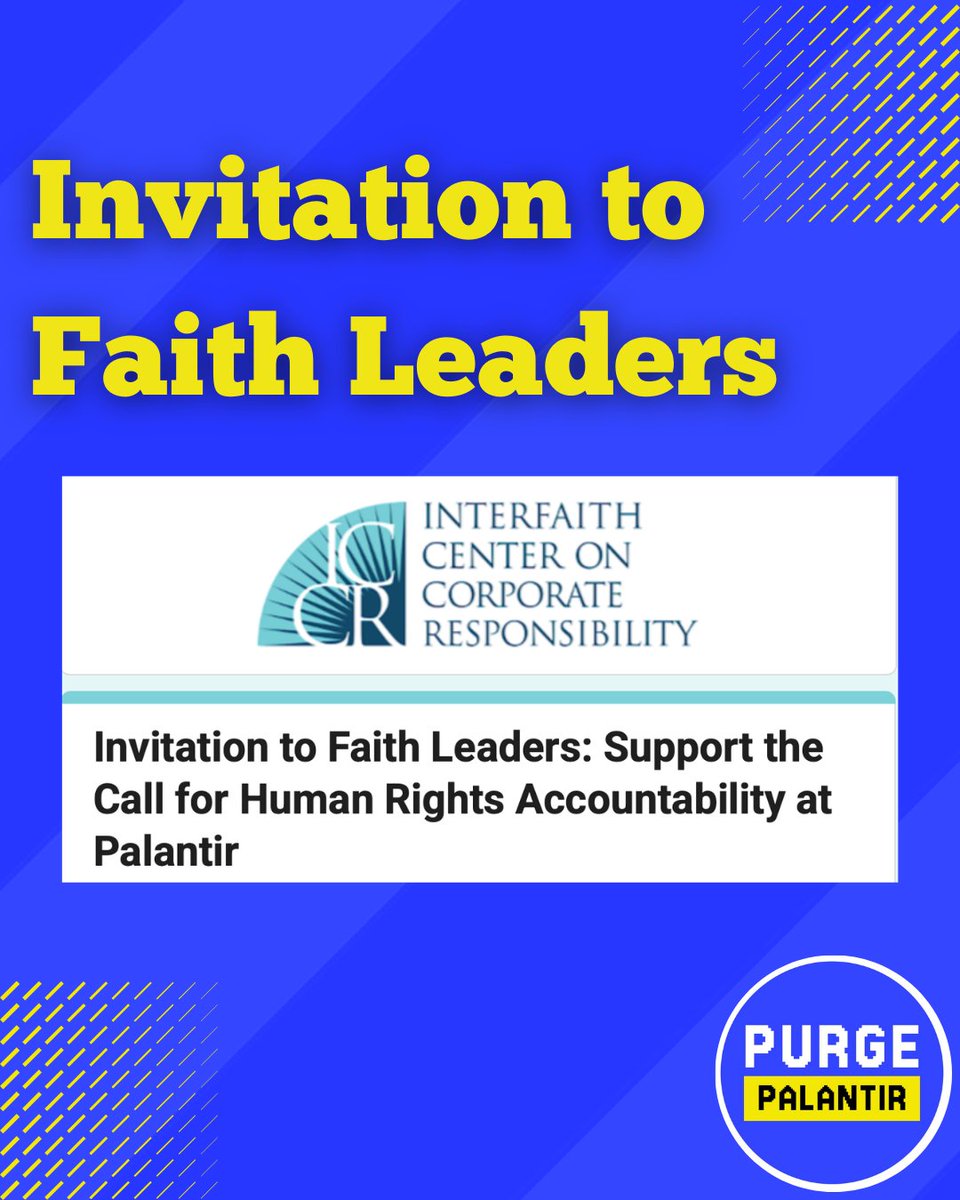 PurgePalantir's tweet photo. 📢Calling all Faith Leaders &amp; Orgs

If you’re concerned about the impacts of #ICE actions in your communities, join @SistersofPeace ’s call for #Palantir to publish a Human Rights Impact Assessment. Palantir powers ICE and the US war machine.

Sign here: https://t.co/2bXlX49Gr6 https://t.co/elot5gmnXC