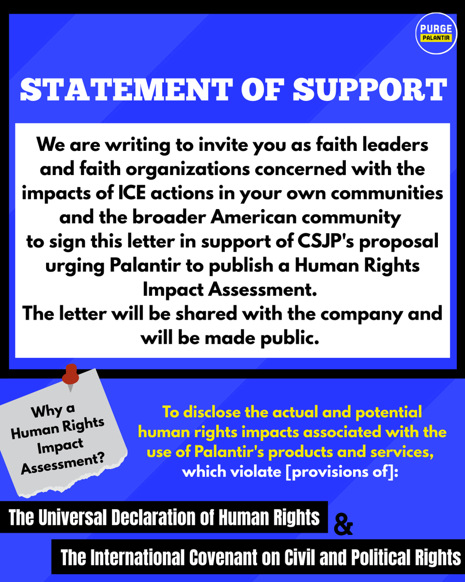 PurgePalantir's tweet photo. 📢Calling all Faith Leaders &amp; Orgs

If you’re concerned about the impacts of #ICE actions in your communities, join @SistersofPeace ’s call for #Palantir to publish a Human Rights Impact Assessment. Palantir powers ICE and the US war machine.

Sign here: https://t.co/2bXlX49Gr6 https://t.co/elot5gmnXC