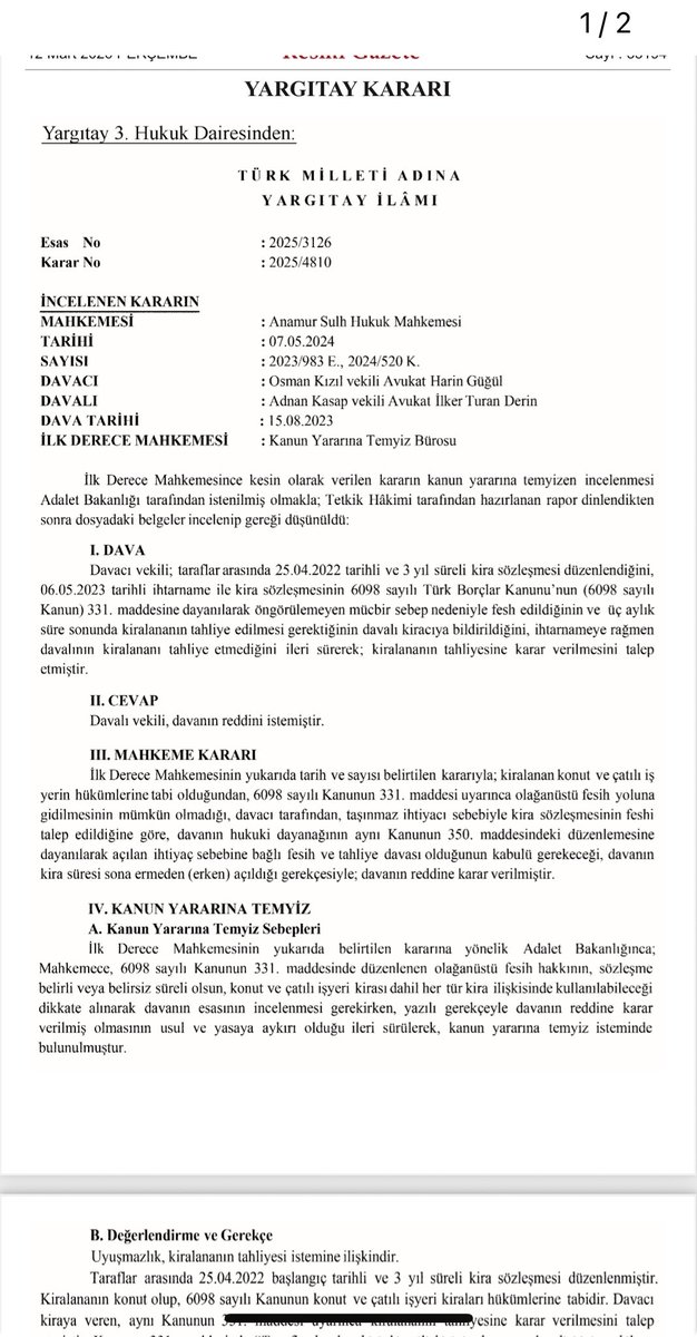 avukat_el_hp's tweet photo. Kanun yararına bozma kararı

TBK m. 331 hükmüne istinaden, koşulların varlığı halinde yasal fesih sürelerine uyularak kira sözleşmesi her zaman feshedilebilir. 

Bugünkü resmi gazetede yayımlanmıştır. https://t.co/184XoAjOor