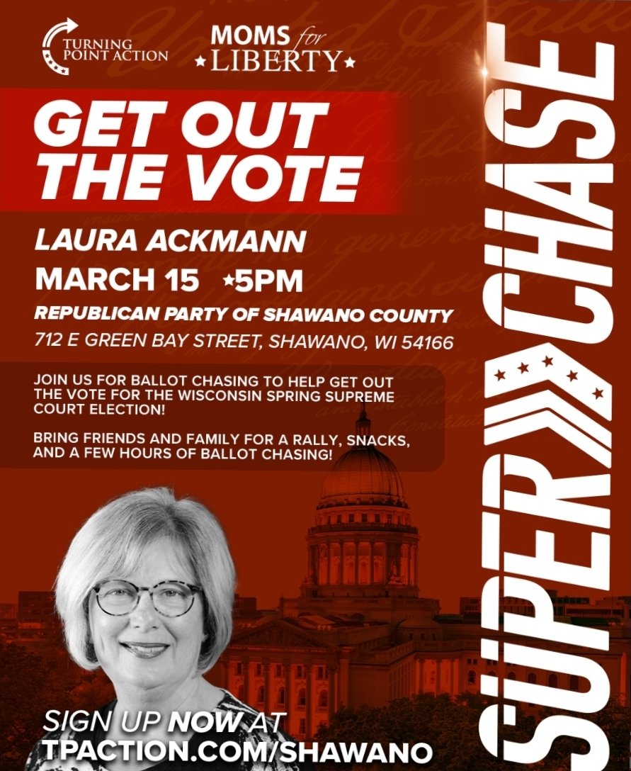 This Sunday we're partnering with @moms4liberty for a ballot chasing event! 

Join us for an afternoon door knocking. As we connect with voters and help make sure every voice is heard! 

RSVP 👇 
Tpaction.com/shawano

<a href="/TPAction/">Turning Point Action</a>