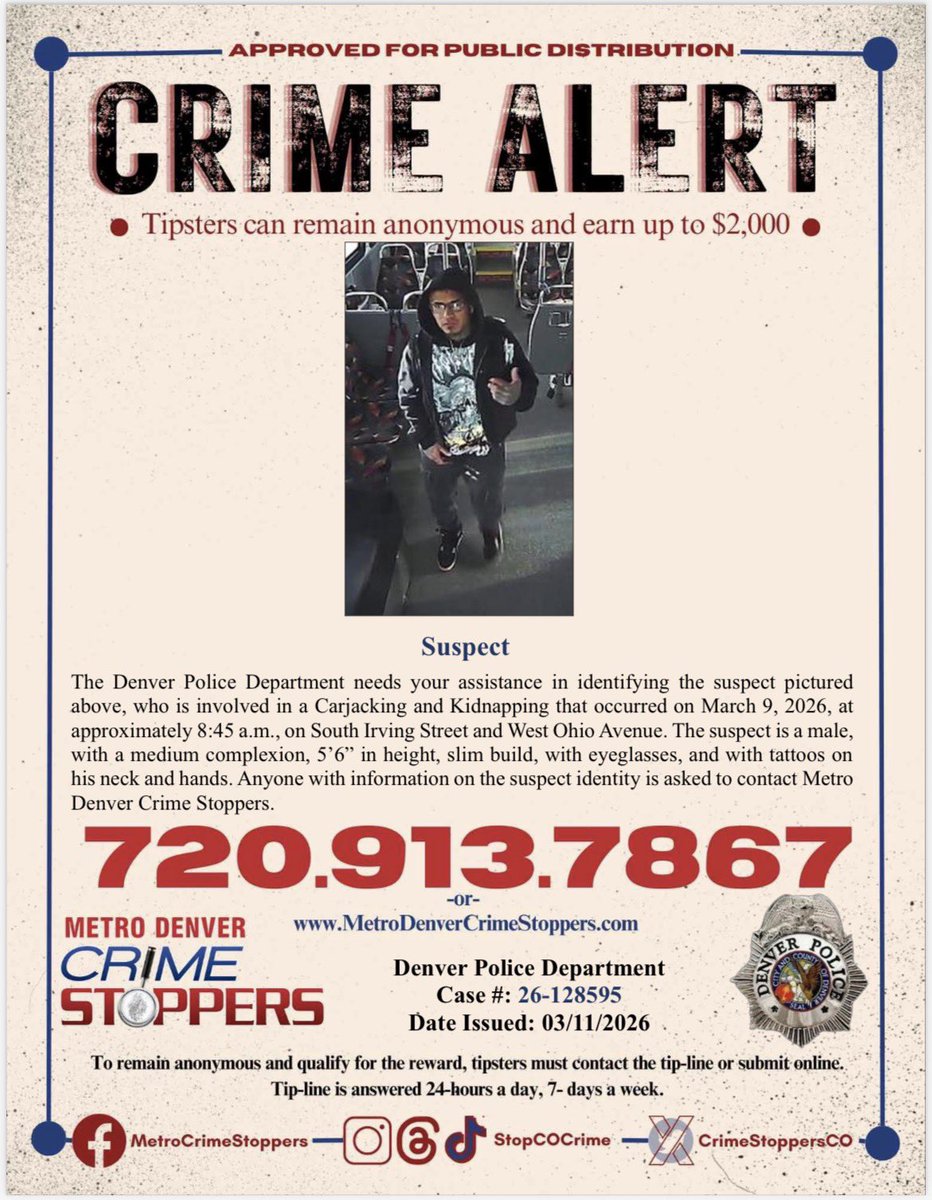 DenverPolice's tweet photo. #Denver, do you recognize either of these suspects? If so, call @CrimeStoppersCO at 720-913-STOP (7867). Tipsters can remain anonymous and earn a cash reward! https://t.co/zIF08qBCvT
