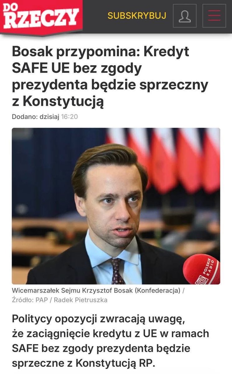 Wicemarszałek Sejmu, <a href="/krzysztofbosak/">Krzysztof Bosak 🇵🇱</a> z dedykacją dla premiera <a href="/donaldtusk/">Donald Tusk</a>: Realizowanie unijnej pożyczki SAFE bez zgody prezydenta będzie złamaniem Konstytucji!

"Zobowiązanie w skali SAFE ma charakter znacznego obciążenia państwa pod względem finansowym i nie da się go przyjąć