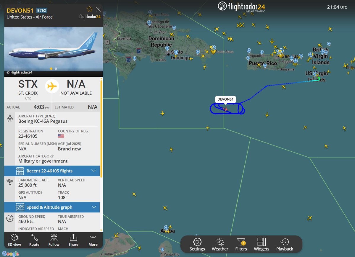 Flightwatcher1's tweet image. #USAF KC-46A Pegasus 
Código de llamada: DEVON51 
Matricula: 22-46105
Hex: #ae63d5
Desde St Croix 🇻🇮, lleva ya 4 horas y media en circuito de reabastecimiento en vuelo al sur del Paso de la Mona🇩🇴🇵🇷
#USVI #SOUTHCOM #OpSouthernSpear