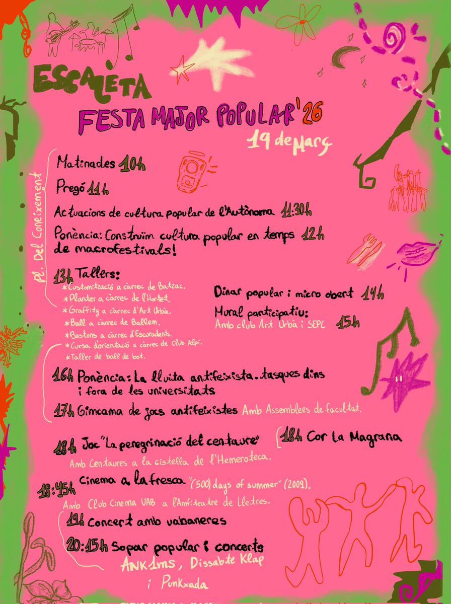 fmp_uab2026's tweet photo. Queda una setmana per la FMP i tenim l'esperada escaleta🥁 A les 10h, després de les matinades, ens reunirem a la plaça del coneixement, on trascorreràn totes les activitats fins el sopar!🥣Vine a gaudir de les activitats de les estudiants per a les estudiants de la UAB💥✊🏻🎶✨🎉 https://t.co/gvu1bY3Lf9