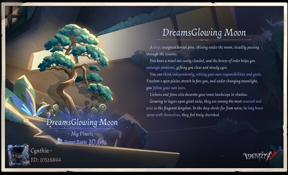 adrianafer2331's tweet photo. In the "Farewell, Titantree Forest" event, the plant I nurtured whispers [DreamsGlowing Moon]#FarewellTitantreeForest#IdentityV https://t.co/nBL56UKljp
