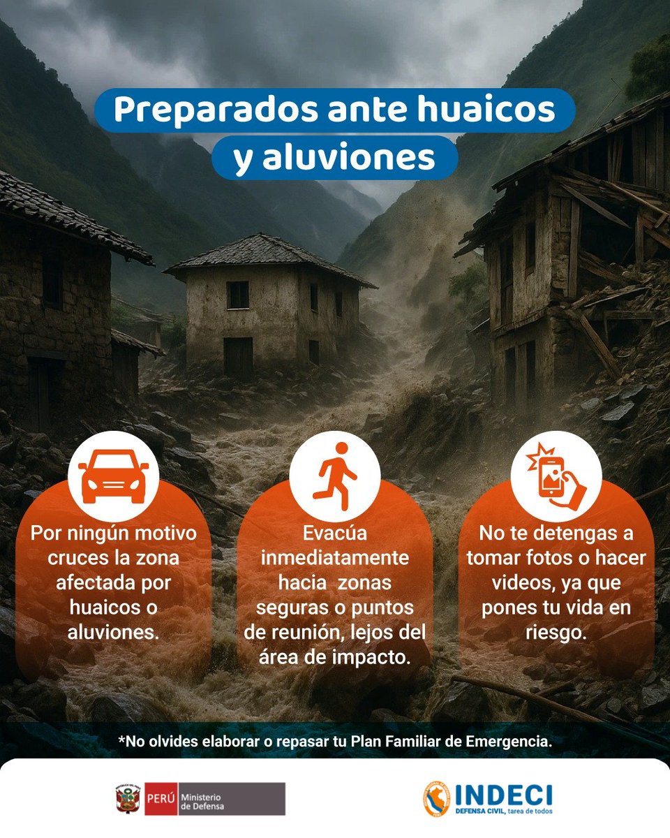 indeciperu's tweet photo. ☝🏼#IndeciTeCuida
⚠️Ante la temporada de lluvias intensas, sigue estas recomendaciones ante huaicos y aluviones:
#huaicos
#aluviones
#recomendaciones https://t.co/BAJwF5kTOm