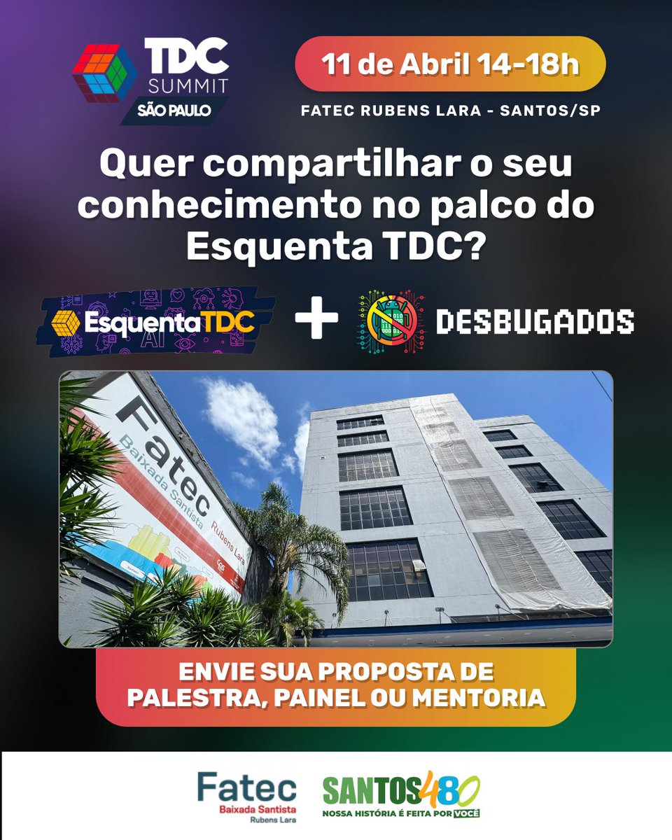 desbugados's tweet image. O evento acontecerá no dia 11 de Abril, das 13h30 às 18h00, na FATEC Santos, localizada na Avenida Senador Feijó, 350, Vila Mathias.

Acesse o link: forms.gle/8XDPVtSR96QVLX…

#Desbugados #EsquentaTDC #InteligenciaArtificial #Tecnologia #CallForPapers