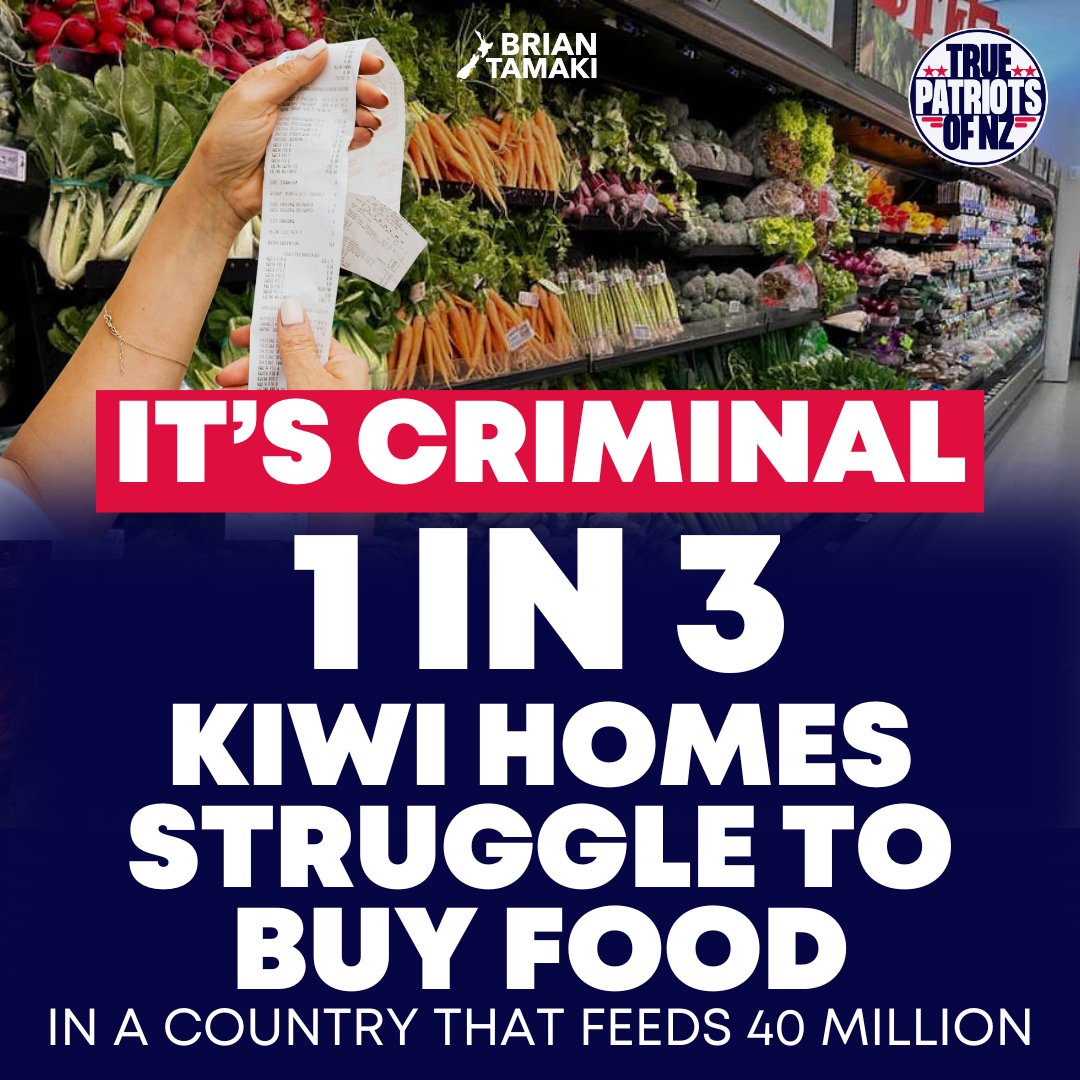IT'S CRIMINAL.
Our food system has become greed-driven instead of nation-driven.

Last year 1 in 3 Kiwi households struggled to buy food.

Even more shocking…68% said it was the first time they had ever struggled to afford groceries.

These are not lifelong beneficiaries.
These