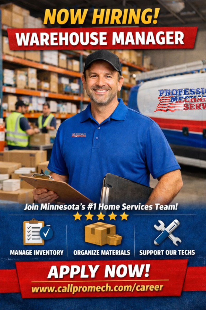 PM_Services_'s tweet image. 📦 Now Hiring: Warehouse Manager

Professional Mechanical Services is looking for a Warehouse Manager to help keep our operations running smoothly.

612-361-4245
f.mtr.cool/hqznhulntj

#NowHiring #WarehouseJobs #ProMech #FiveStarService #MinnesotaJobs #JoinOurTeam