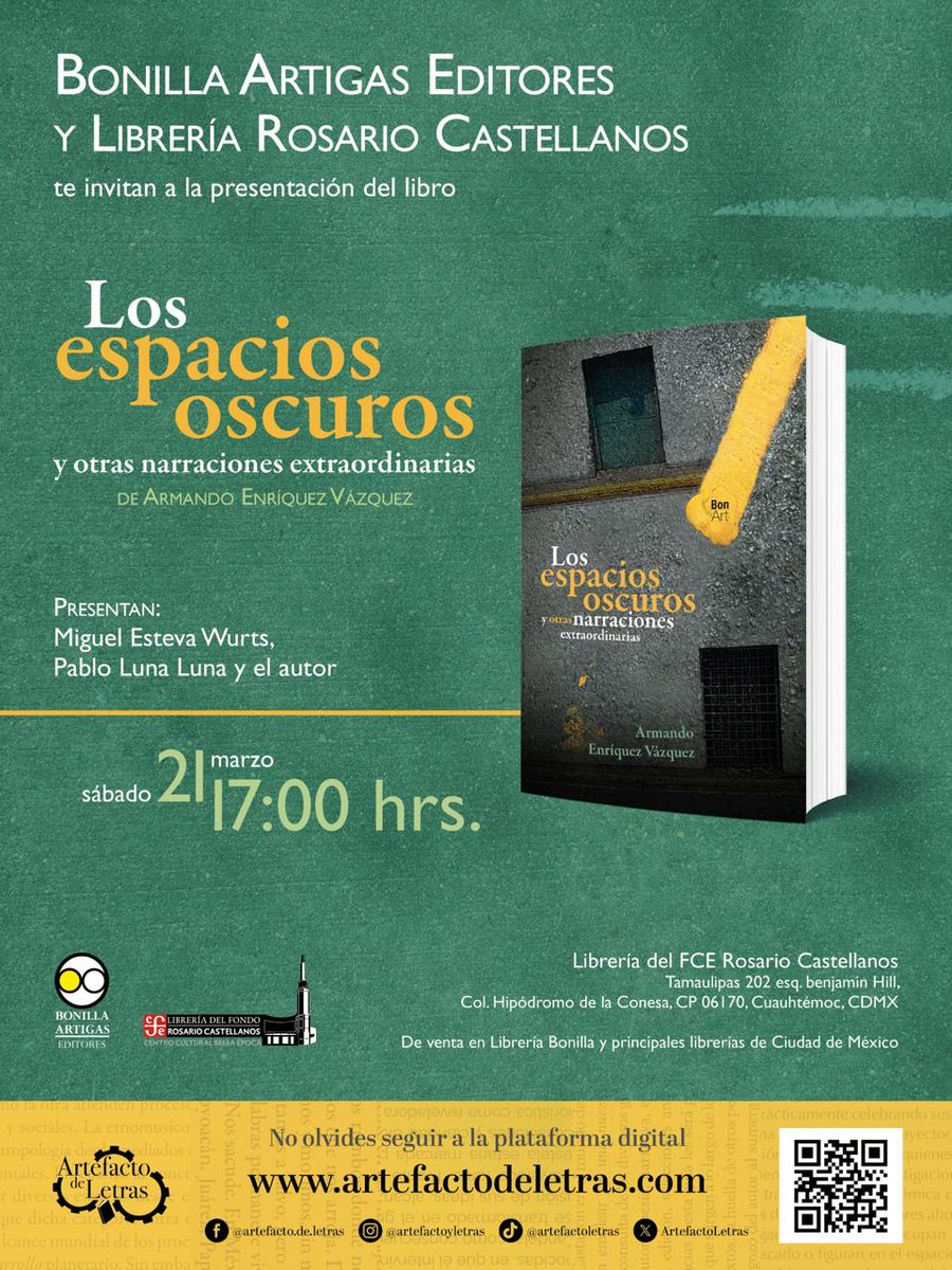 📚 Acompáñanos a la presentación de "Los espacios oscuros" de Armando Enríquez Vázquez (<a href="/cernicalo/">cernicalo</a>)
Contaremos con la presencia del autor, Miguel Esteva Wurts y Pablo Luna Luna
🗓️ 21 de marzo 
🕔 17h
📍 #LibreríaRosarioCastellanos
¡No te lo pierdas! ✨