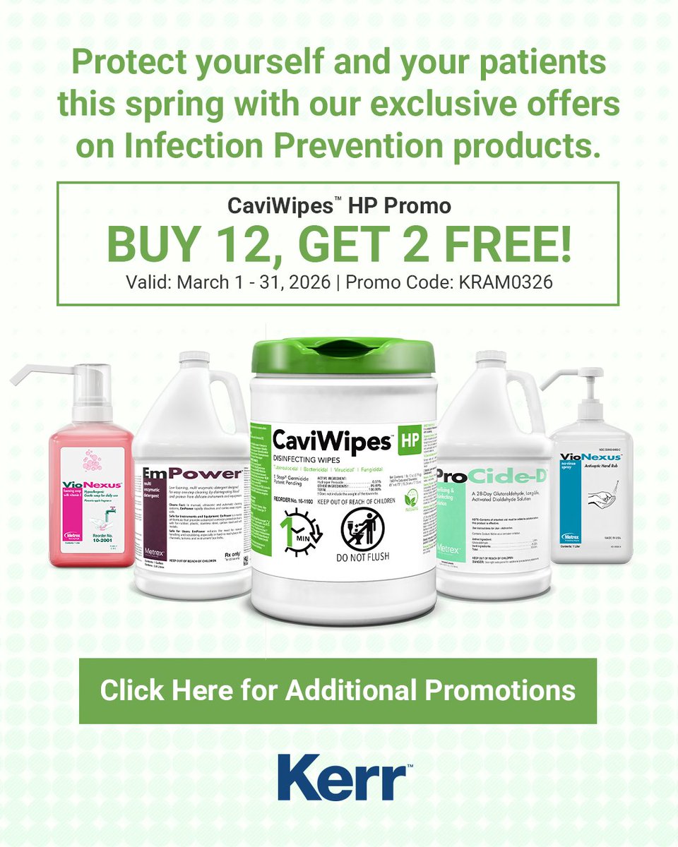 AMTouchDental's tweet photo. 🦷 Stock up on trusted infection control essentials and save! Our Kerr Infection Control Campaign is live through March 31 with buy/get promotions on CaviWipes HP, ProCide-D, Empower, VioNexus, and more. Keep your practice protected while stretching your supply budget. https://t.co/awS14Lw1qQ