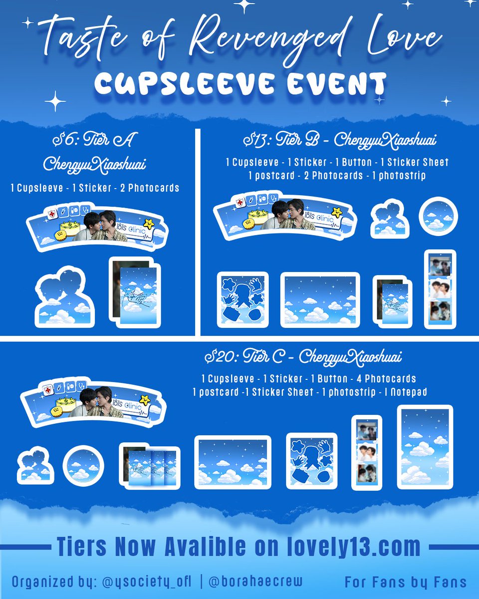 BorahaeCrew's tweet photo. Tier C
Everything from Tier B +
• 4 photocards total
• 1 notepad (20 pages)

Measurements
Cupsleeve 9.9in
Photocards 2.17×3.35in
Photostrip 2×6in
Sticker sheet 3.5×4in
Postcard 6×4in
Button 2.25in
Notepad 5×8in

Event pickup only

#TasteofRevengedLove #revengedlove #blcupsleeve https://t.co/I1yPIvqq1x
