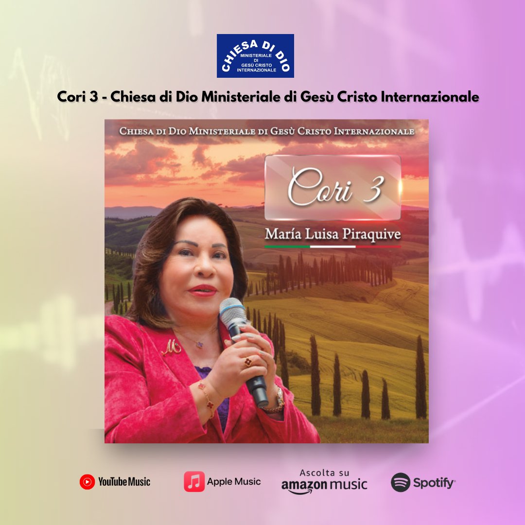 MLPiraquive's tweet photo. Ya está disponible: Coros 3 en italiano, interpretados por la Hermana María Luisa Piraquive. Escuchar / Ascoltare https://t.co/q2xpGkWZpv
🇮🇹 Già disponibile sulle piattaforme digitali: Cori 3 in italiano, interpretati dalla Sorella María Luisa Piraquive

🎵 Spotify: https://t.co/c8LCMvPlTe
▶️ YouTube: https://t.co/E1kiXSmUsQ
🎼 Apple Music: https://t.co/ChaUo5gJrV
🎶 Amazon Music: https://t.co/I6fHLQDW9D

Chiesa di Dio Ministeriale di Gesù Cristo Internazionale.