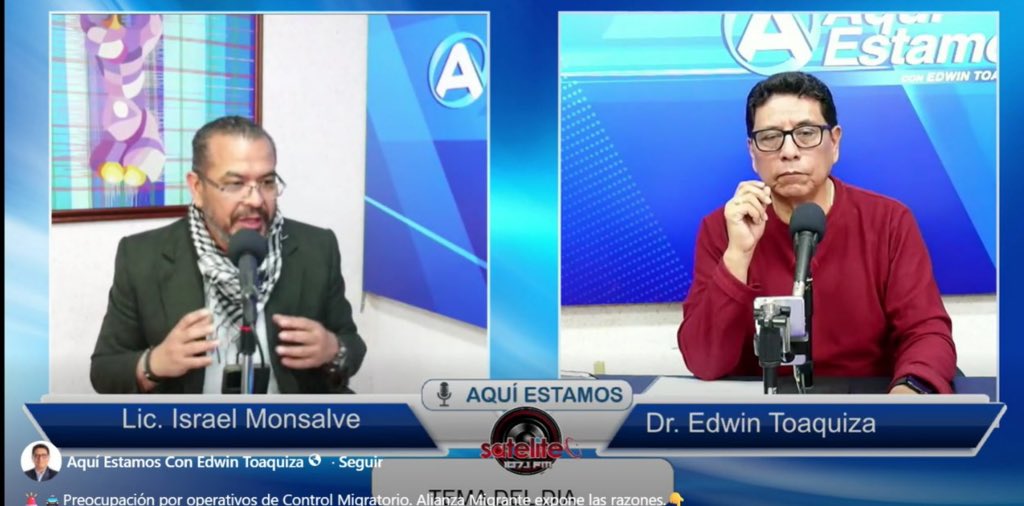 Amigranteecu's tweet photo. 🚨 El vicepresidente de Alianza Migrante, Israel Monsalve, estuvo en @AquiEstamosEC con el Dr. Edwin Toaquiza abordando un tema urgente: los operativos de control migratorio en Ecuador y la criminalización de las personas migrantes.🎥 Mira la entrevista completa. https://t.co/15wtIzH7OU