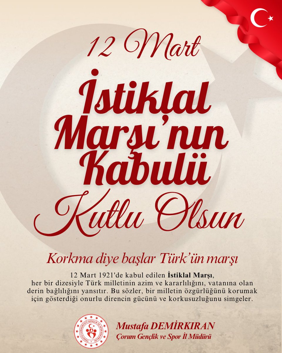 📌"'Korkma!' sesiyle yankılanan hürriyet sevdamız tam 105 yaşında! Millî ruhumuzun rehberi İstiklal Marşı’mızın kabulü kutlu olsun. Allah bu millete bir daha İstiklal Marşı yazdırmasın!"🇹🇷🇹🇷