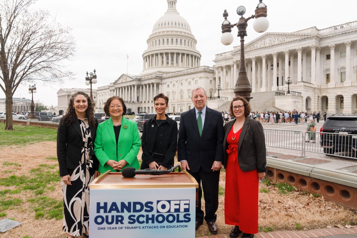 SenatorDurbin's tweet photo. Today is the one year anniversary of the Trump Administration gutting the Department of Education.

I joined @maziehirono to let our students and teachers know that we will always fight for you, even if President Trump abandons you. https://t.co/u9ZI4DQWyr