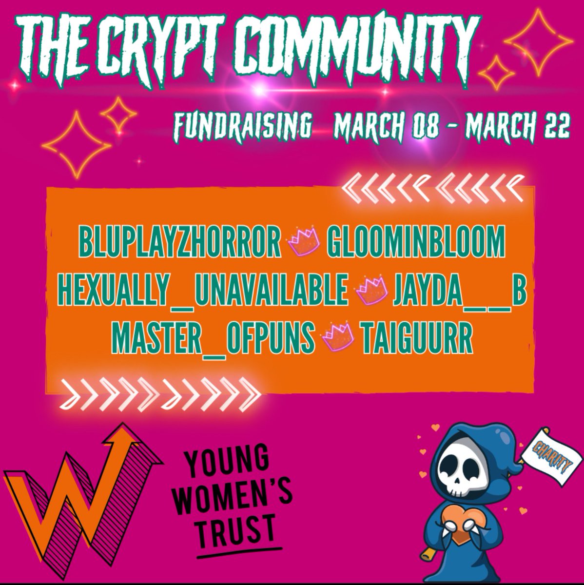 Our stream team is about more than just streaming horror games, we also want to make a difference so this month our fundraiser is Young Women's Trust. 

Please join us in supporting these creators as they fundraise this month!