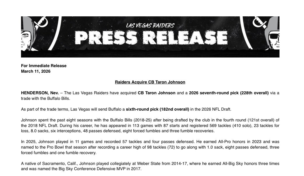 RyanWardNFL's tweet photo. Raiders announce the acquisition of CB Taron Johnson and a 2026 seventh-round pick (228th overall) via a trade with the Bills https://t.co/HFavzV7ItY